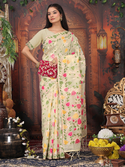 Astita Off White Floral Linen Cotton Saree with Zari Detailing & Printed Pallu Saree