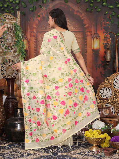 Astita Off White Floral Linen Cotton Saree with Zari Detailing & Printed Pallu Saree