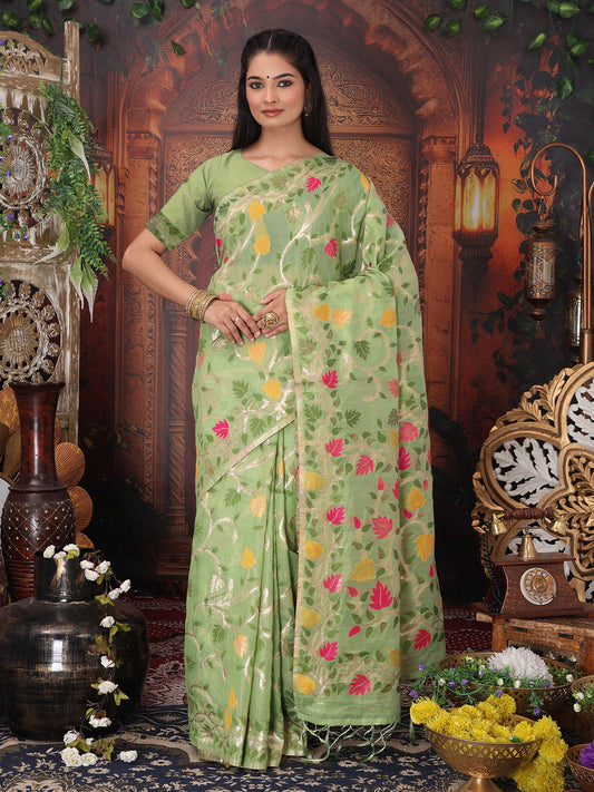 Astita Light Green Floral Linen Cotton Saree with Zari Detailing & Printed Pallu Saree