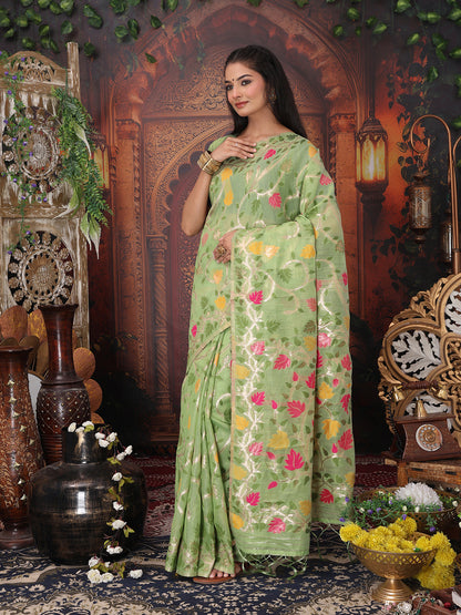 Astita Light Green Floral Linen Cotton Saree with Zari Detailing & Printed Pallu Saree