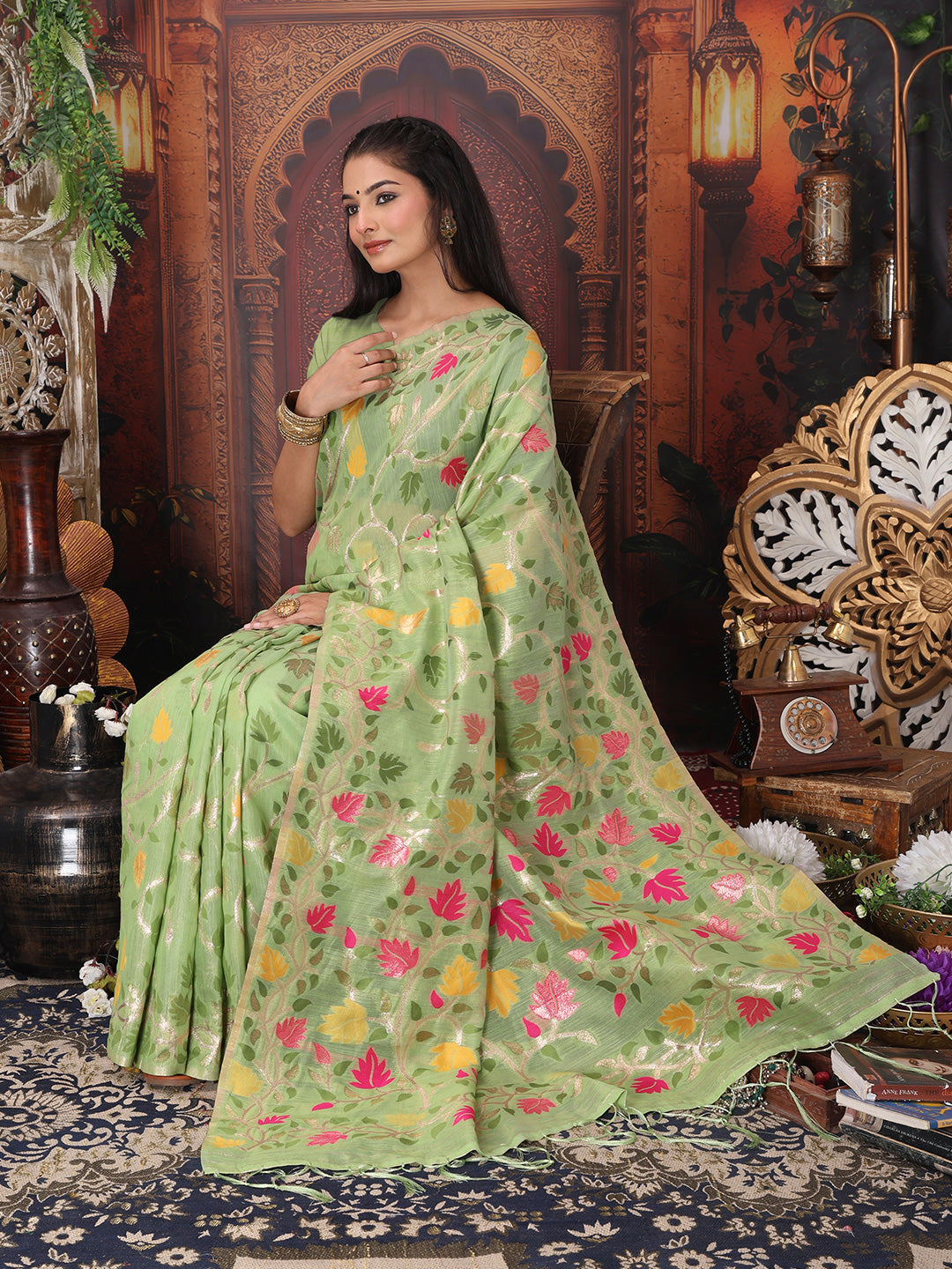 Astita Light Green Floral Linen Cotton Saree with Zari Detailing & Printed Pallu Saree