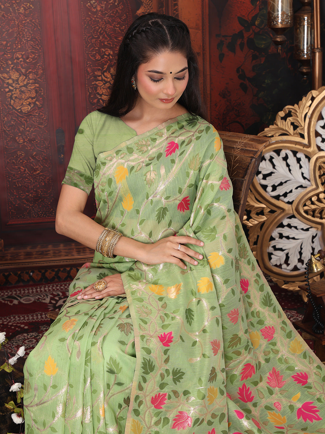 Astita Light Green Floral Linen Cotton Saree with Zari Detailing & Printed Pallu Saree