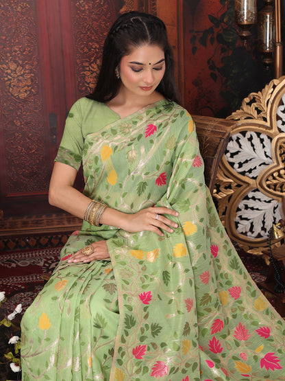 Astita Light Green Floral Linen Cotton Saree with Zari Detailing & Printed Pallu Saree