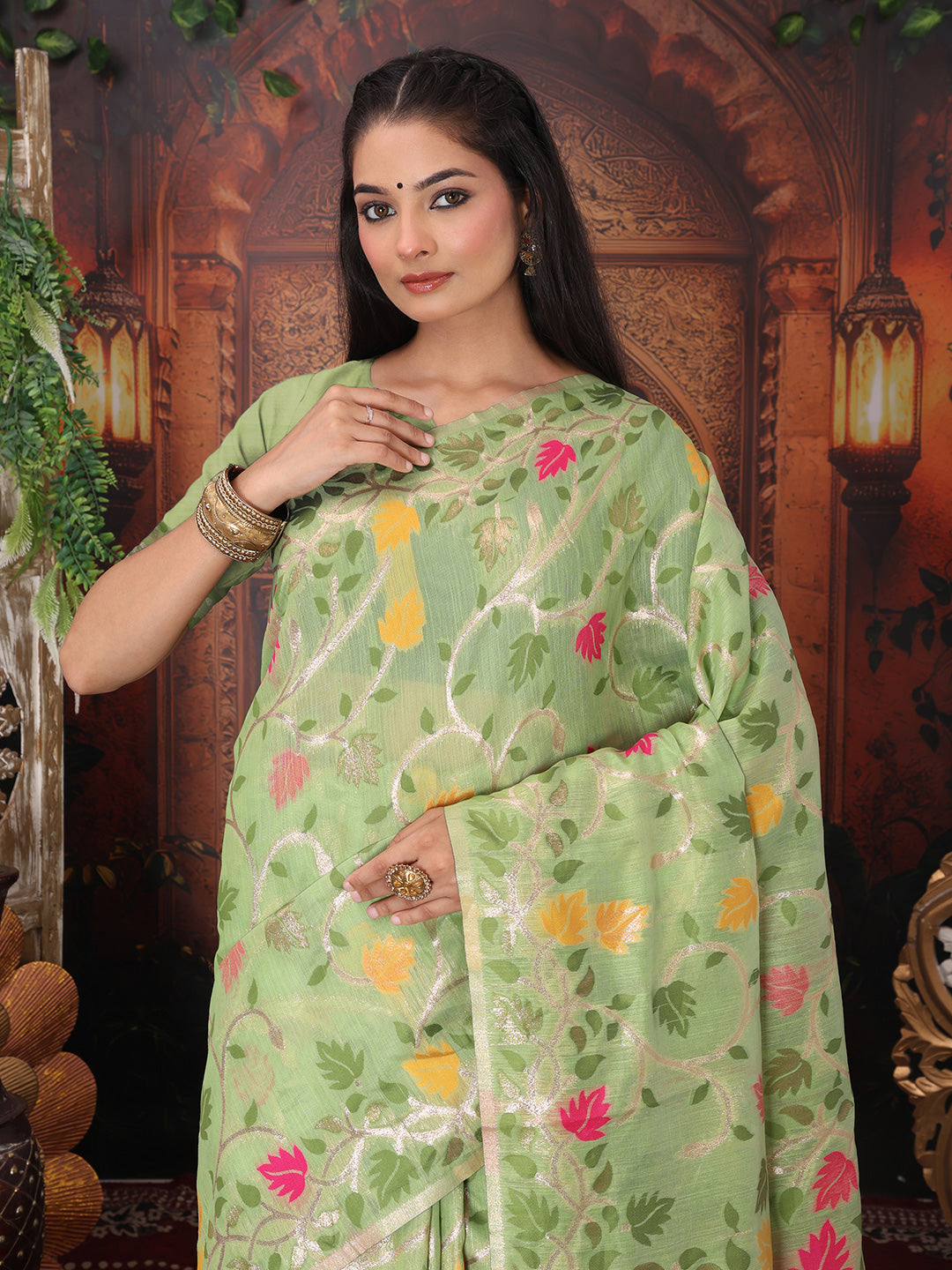 Astita Light Green Floral Linen Cotton Saree with Zari Detailing & Printed Pallu Saree