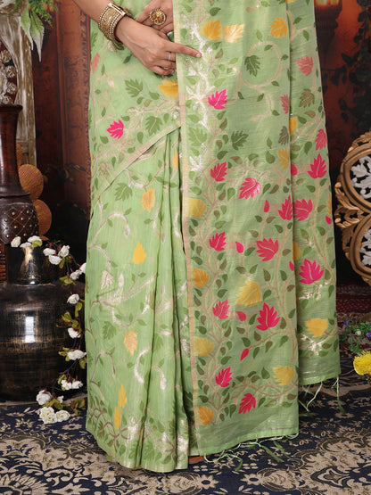 Astita Light Green Floral Linen Cotton Saree with Zari Detailing & Printed Pallu Saree