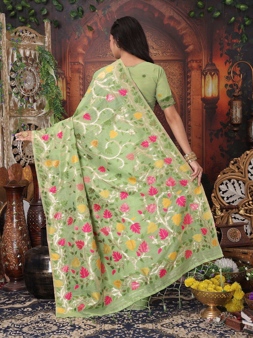 Astita Light Green Floral Linen Cotton Saree with Zari Detailing & Printed Pallu Saree