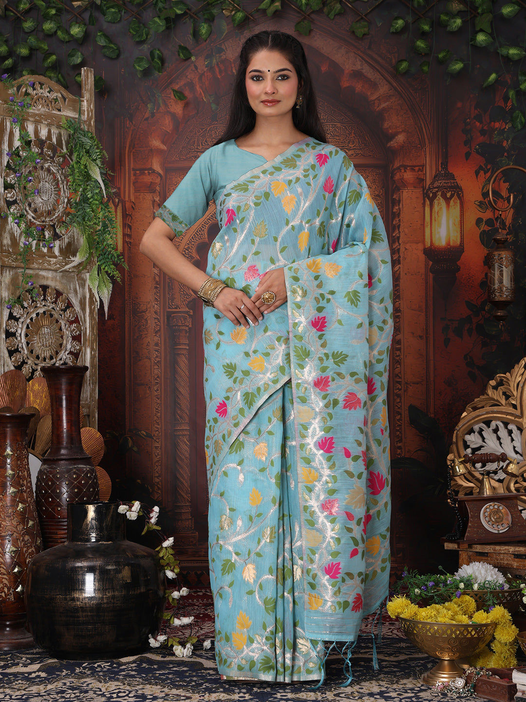 Astita Sky Blue Floral Linen Cotton Saree with Zari Detailing & Printed Pallu Saree