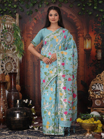 Astita Sky Blue Floral Linen Cotton Saree with Zari Detailing & Printed Pallu Saree