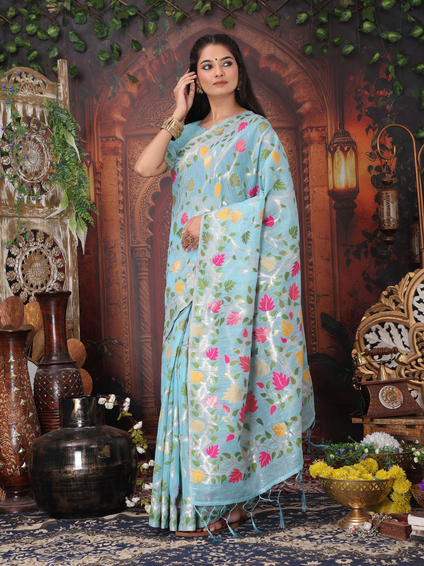Astita Sky Blue Floral Linen Cotton Saree with Zari Detailing & Printed Pallu Saree