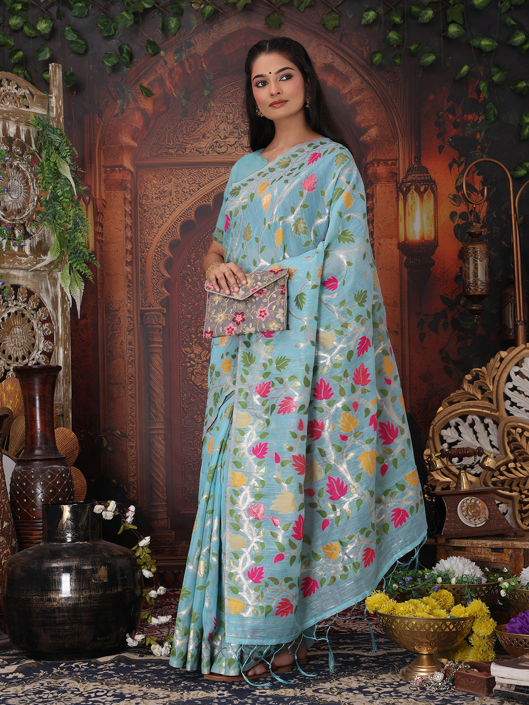 Astita Sky Blue Floral Linen Cotton Saree with Zari Detailing & Printed Pallu Saree