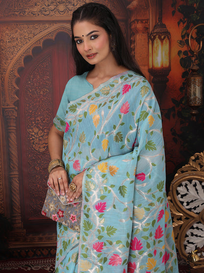 Astita Sky Blue Floral Linen Cotton Saree with Zari Detailing & Printed Pallu Saree
