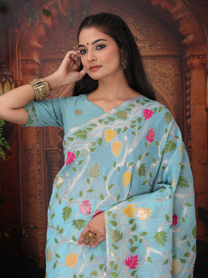 Astita Sky Blue Floral Linen Cotton Saree with Zari Detailing & Printed Pallu Saree