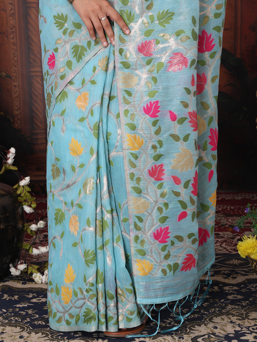 Astita Sky Blue Floral Linen Cotton Saree with Zari Detailing & Printed Pallu Saree