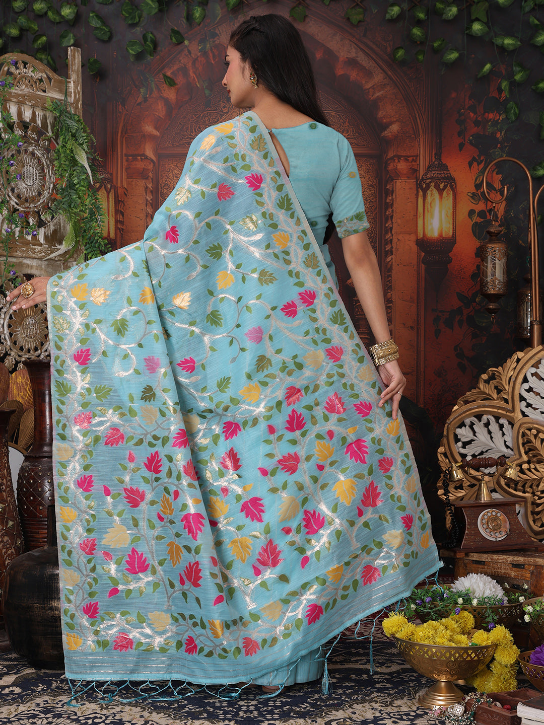 Astita Sky Blue Floral Linen Cotton Saree with Zari Detailing & Printed Pallu Saree