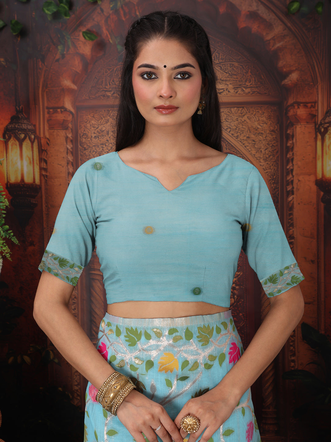 Astita Sky Blue Floral Linen Cotton Saree with Zari Detailing & Printed Pallu Saree