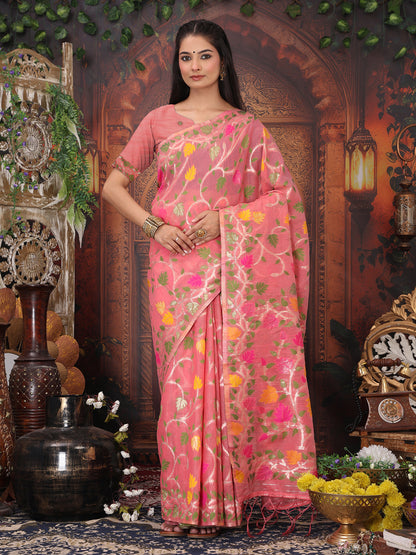 Astita Pink Floral Linen Cotton Saree with Zari Detailing & Printed Pallu Saree