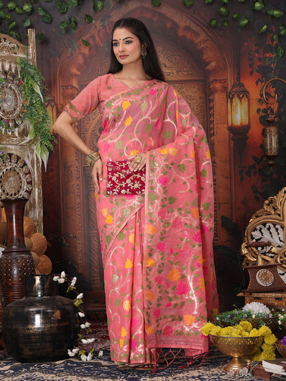 Astita Pink Floral Linen Cotton Saree with Zari Detailing & Printed Pallu Saree