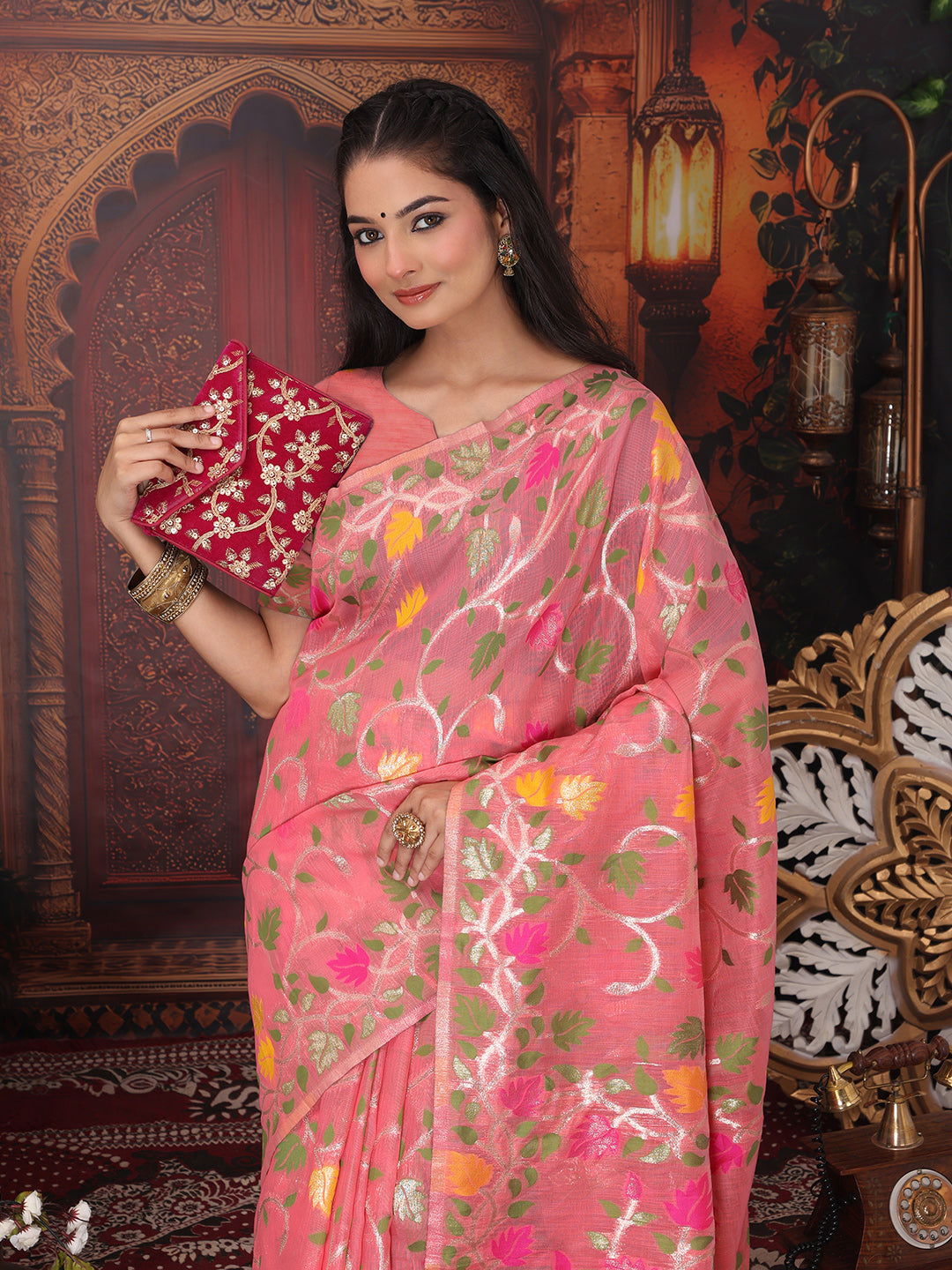 Astita Pink Floral Linen Cotton Saree with Zari Detailing & Printed Pallu Saree
