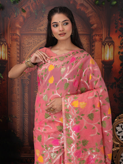 Astita Pink Floral Linen Cotton Saree with Zari Detailing & Printed Pallu Saree
