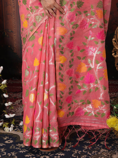 Astita Pink Floral Linen Cotton Saree with Zari Detailing & Printed Pallu Saree