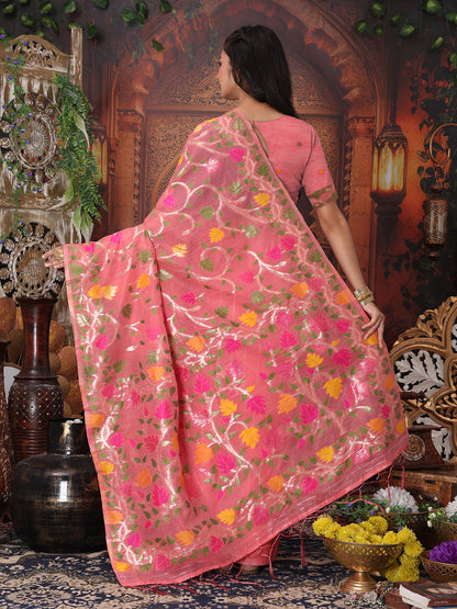 Astita Pink Floral Linen Cotton Saree with Zari Detailing & Printed Pallu Saree