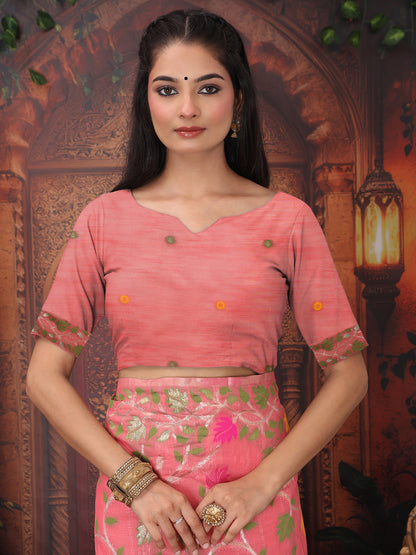 Astita Pink Floral Linen Cotton Saree with Zari Detailing & Printed Pallu Saree