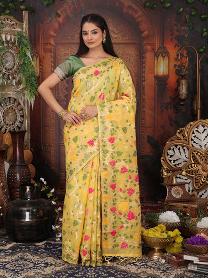 Astita Yellow Floral Linen Cotton Saree with Zari Detailing & Printed Pallu Saree