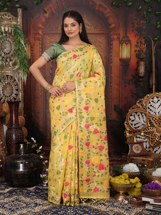 Astita Yellow Floral Linen Cotton Saree with Zari Detailing & Printed Pallu Saree
