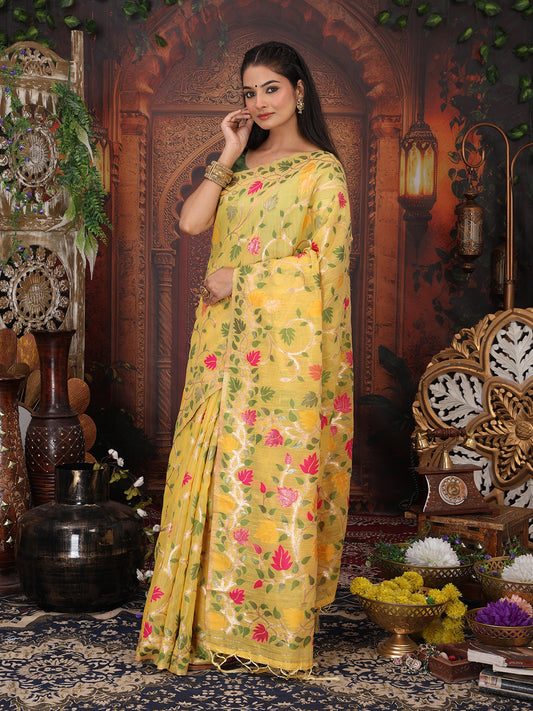 Astita Yellow Floral Linen Cotton Saree with Zari Detailing & Printed Pallu Saree