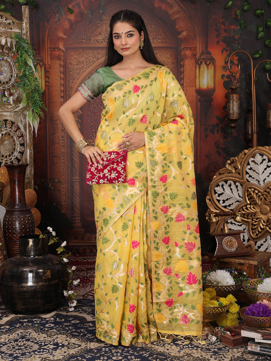 Astita Yellow Floral Linen Cotton Saree with Zari Detailing & Printed Pallu Saree