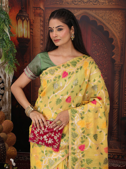 Astita Yellow Floral Linen Cotton Saree with Zari Detailing & Printed Pallu Saree