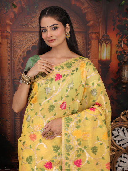 Astita Yellow Floral Linen Cotton Saree with Zari Detailing & Printed Pallu Saree