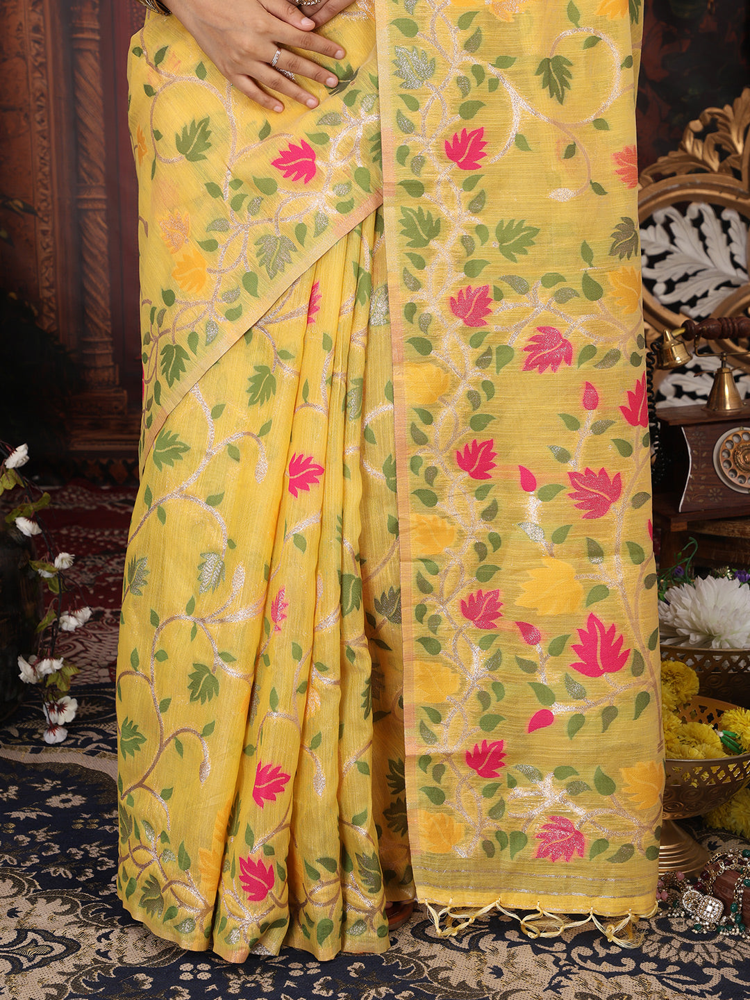Astita Yellow Floral Linen Cotton Saree with Zari Detailing & Printed Pallu Saree