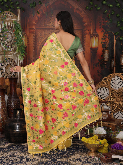 Astita Yellow Floral Linen Cotton Saree with Zari Detailing & Printed Pallu Saree