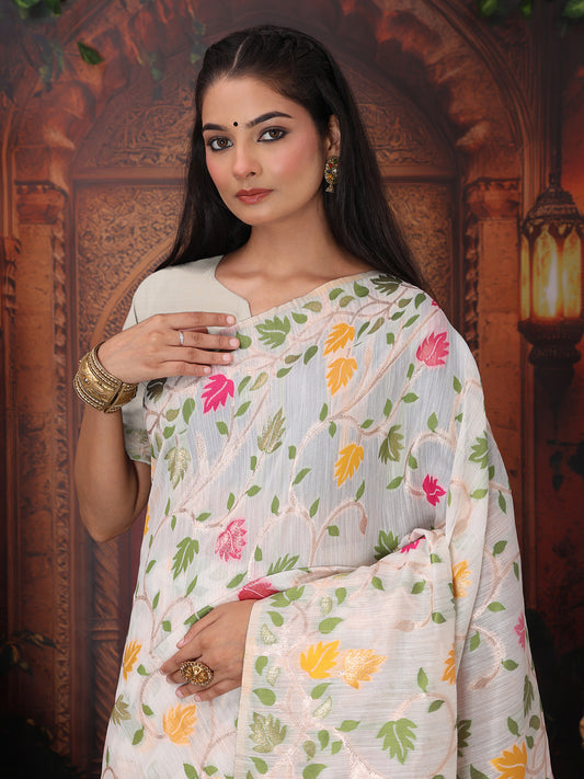 Astita White Floral Linen Cotton Saree with Zari Detailing & Printed Pallu Saree