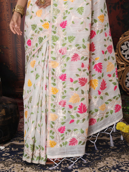 Astita White Floral Linen Cotton Saree with Zari Detailing & Printed Pallu Saree