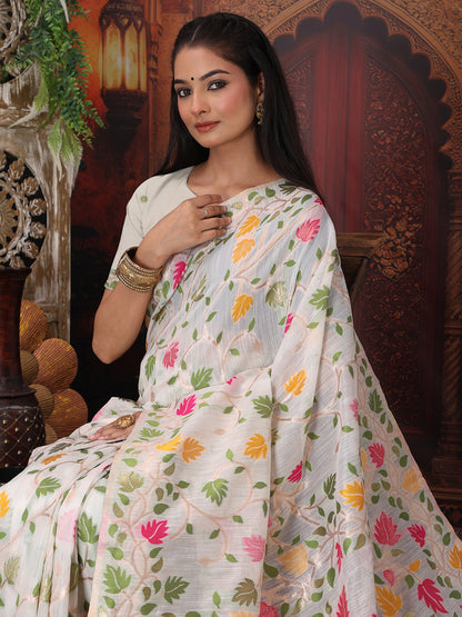 Astita White Floral Linen Cotton Saree with Zari Detailing & Printed Pallu Saree