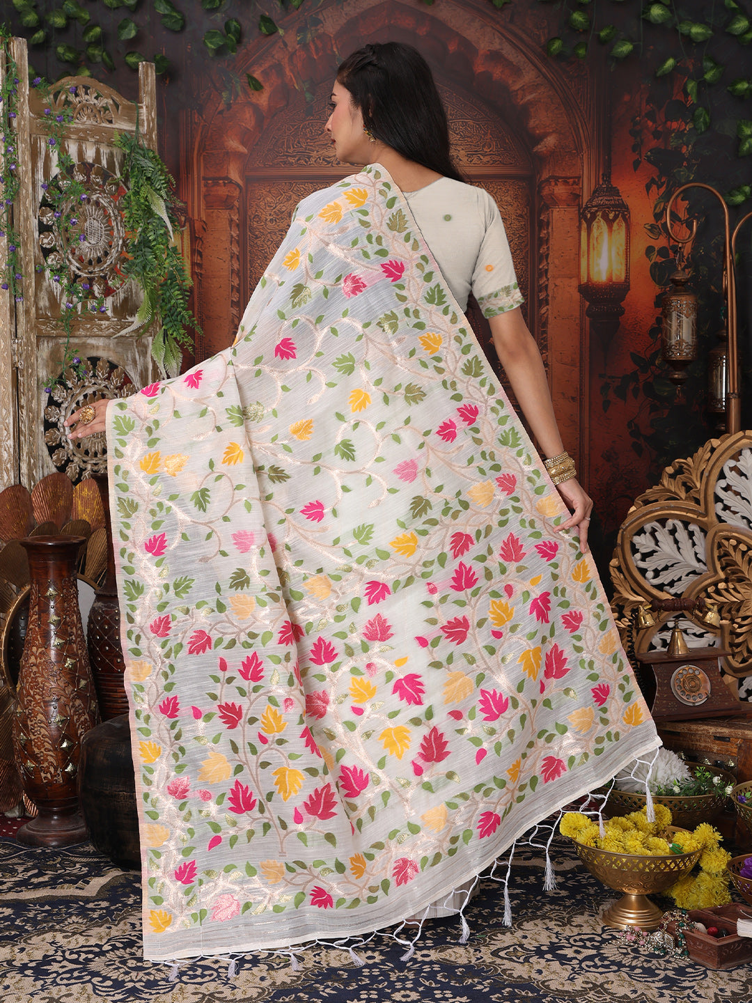 Astita White Floral Linen Cotton Saree with Zari Detailing & Printed Pallu Saree