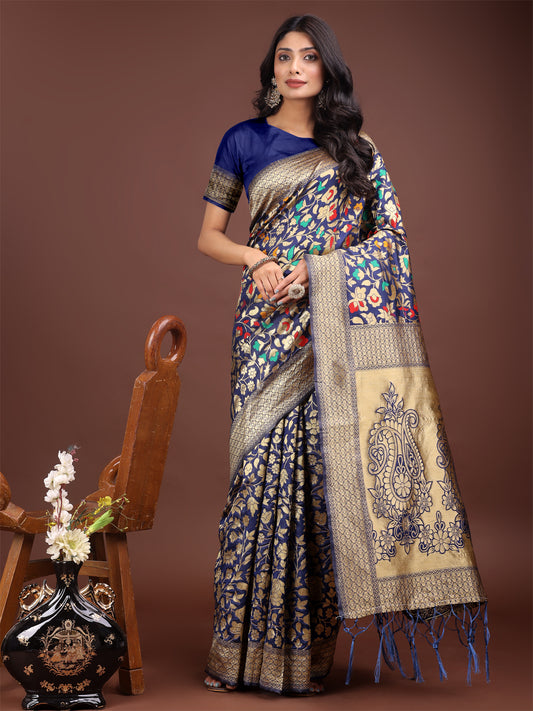 Astita Majestic Navy Blue Silk Saree with Gold Zari & Floral Design – Perfect for Festive & Traditional Occasions