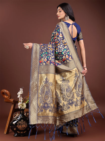 Astita Majestic Navy Blue Silk Saree with Gold Zari & Floral Design – Perfect for Festive & Traditional Occasions