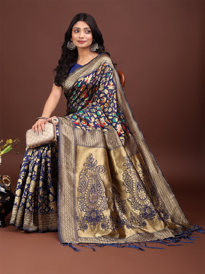 Astita Majestic Navy Blue Silk Saree with Gold Zari & Floral Design – Perfect for Festive & Traditional Occasions
