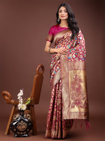 Astita Majestic Magenta Silk Saree with Gold Zari & Floral Design – Perfect for Festive & Traditional Occasions