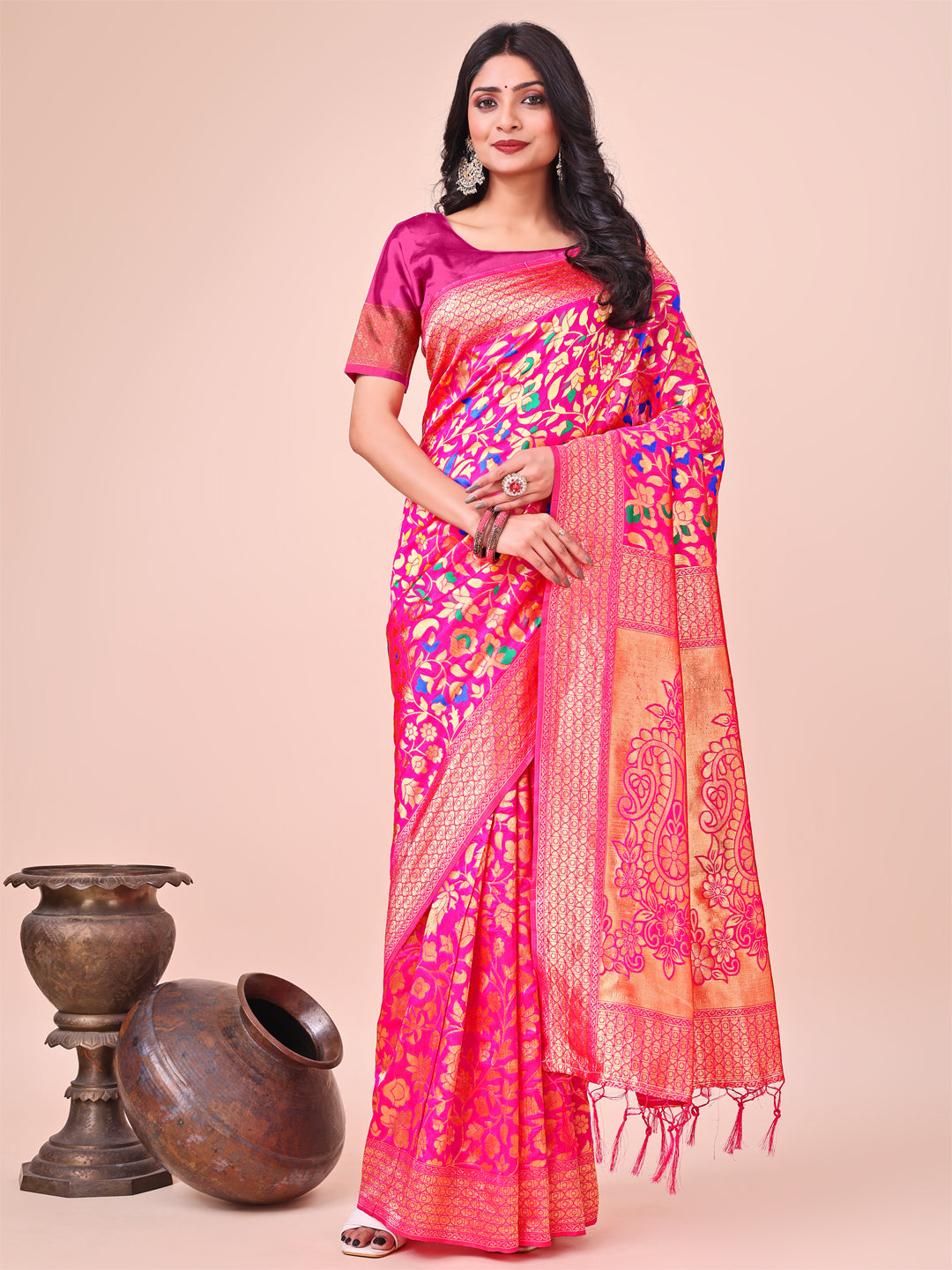 Astita Majestic Pink Silk Saree with Gold Zari & Floral Design – Perfect for Festive & Traditional Occasions