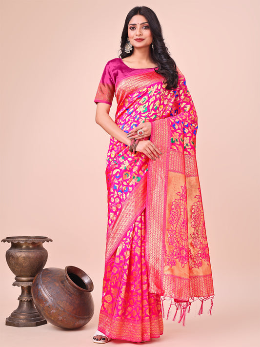 Astita Majestic Pink Silk Saree with Gold Zari & Floral Design – Perfect for Festive & Traditional Occasions