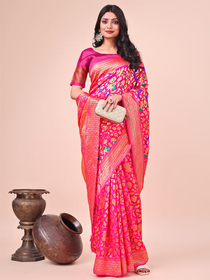 Astita Majestic Pink Silk Saree with Gold Zari & Floral Design – Perfect for Festive & Traditional Occasions