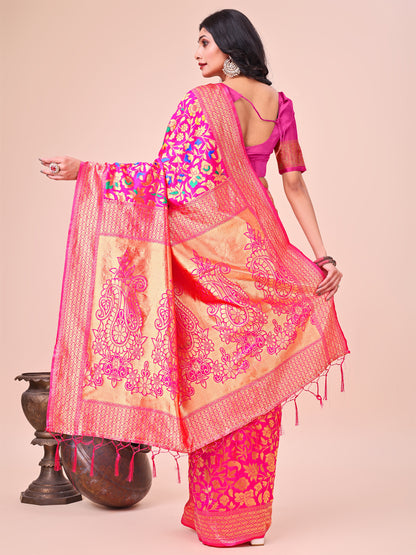 Astita Majestic Pink Silk Saree with Gold Zari & Floral Design – Perfect for Festive & Traditional Occasions