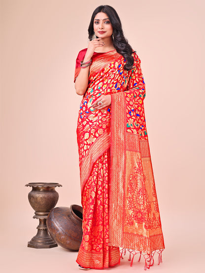 Astita Majestic Red Silk Saree with Gold Zari & Floral Design – Perfect for Festive & Traditional Occasions