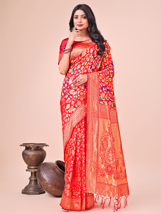 Astita Majestic Red Silk Saree with Gold Zari & Floral Design – Perfect for Festive & Traditional Occasions