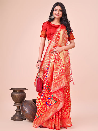 Astita Majestic Red Silk Saree with Gold Zari & Floral Design – Perfect for Festive & Traditional Occasions