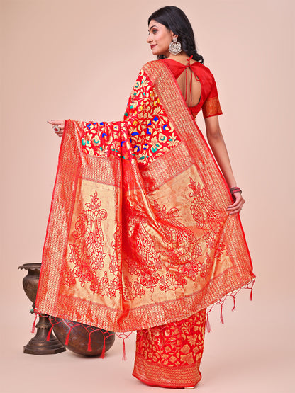 Astita Majestic Red Silk Saree with Gold Zari & Floral Design – Perfect for Festive & Traditional Occasions